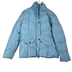 Jacket coat filled puffer vintage style blue zipper snap closure pockets XL.